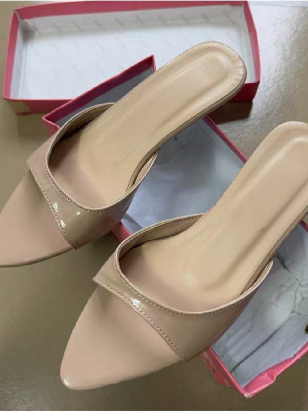 Women’s Nude Patent Slide Mules with Open Toe